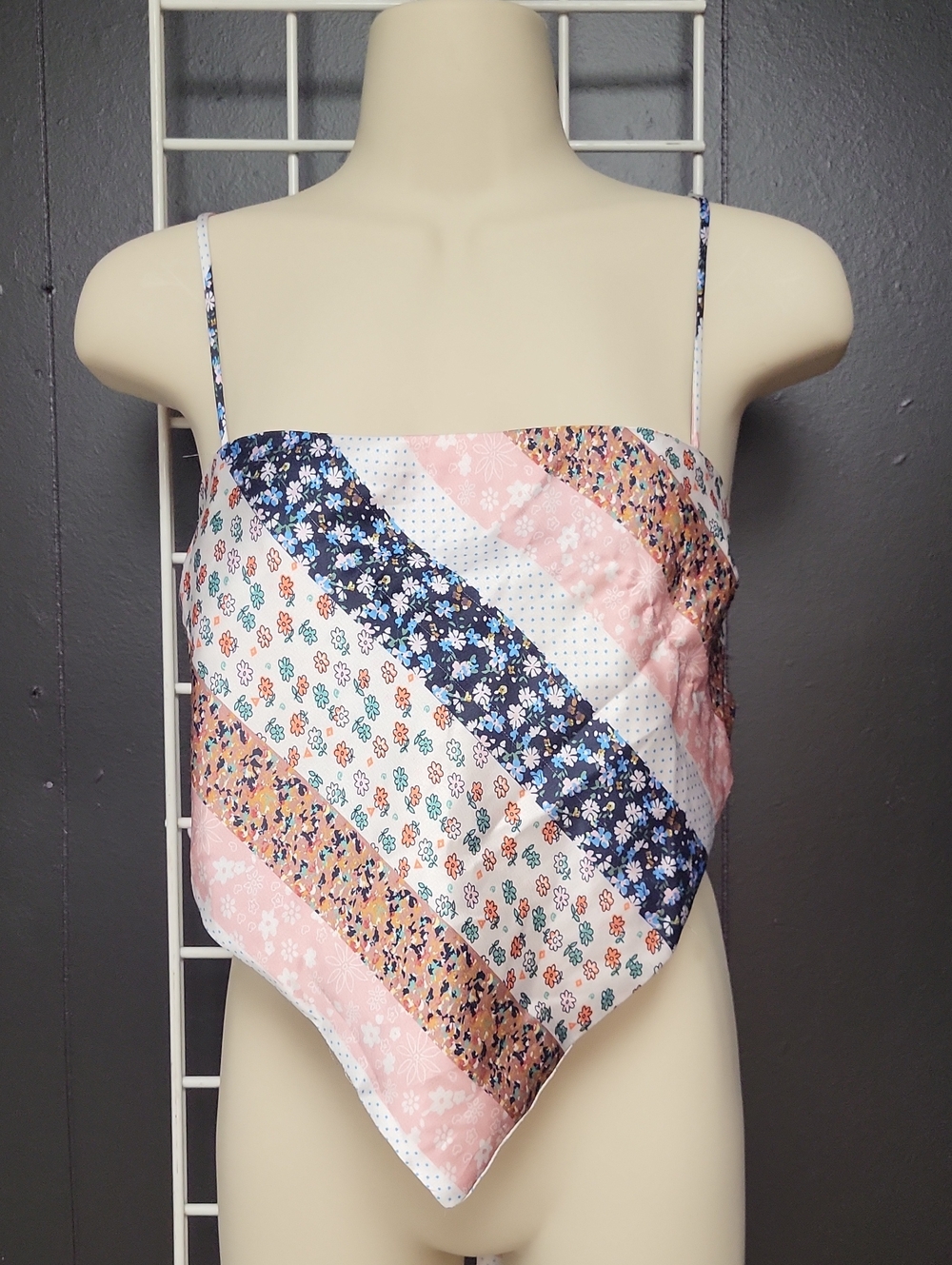 Princess Polly Pink Navy Floral Patchwork Handkerchief Tank Top, Size 8